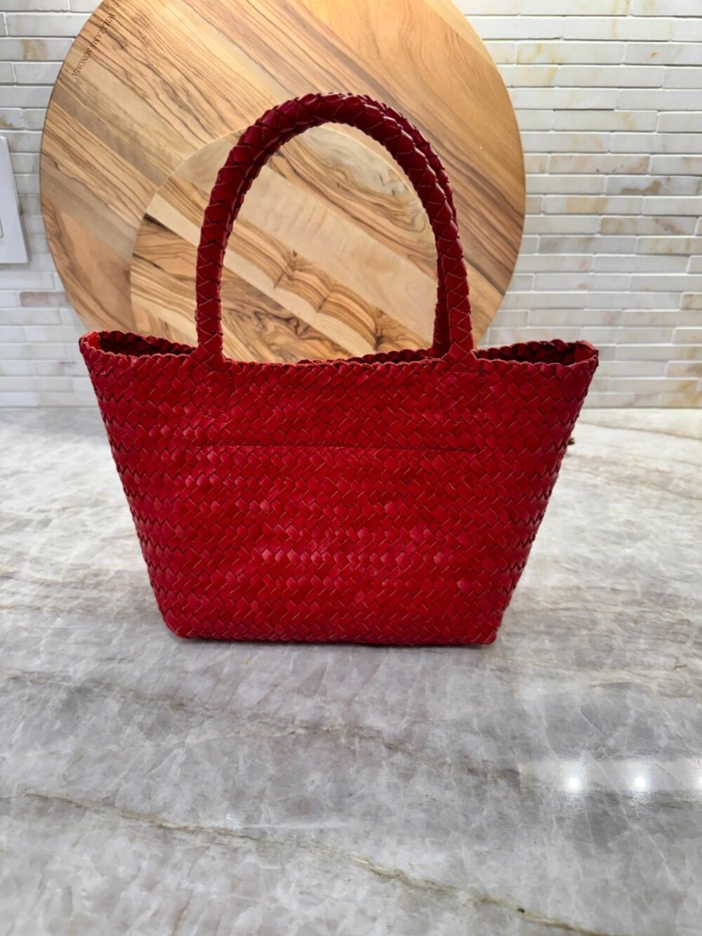 Madewell Leather Handwoven Mini Tote Bag in Festival Red - Picture 2 of 4